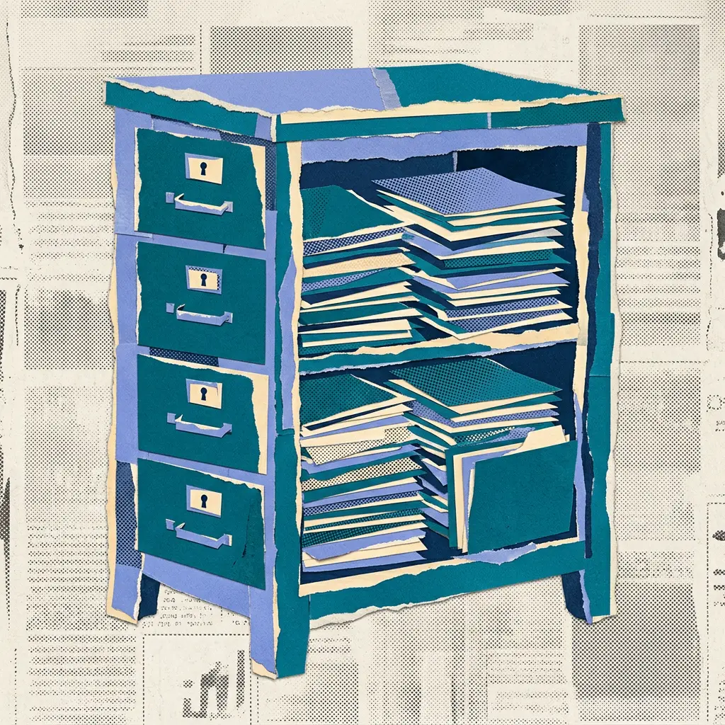 Paper cutout illustration of a blue filing cabinet filled with stacks of document folders