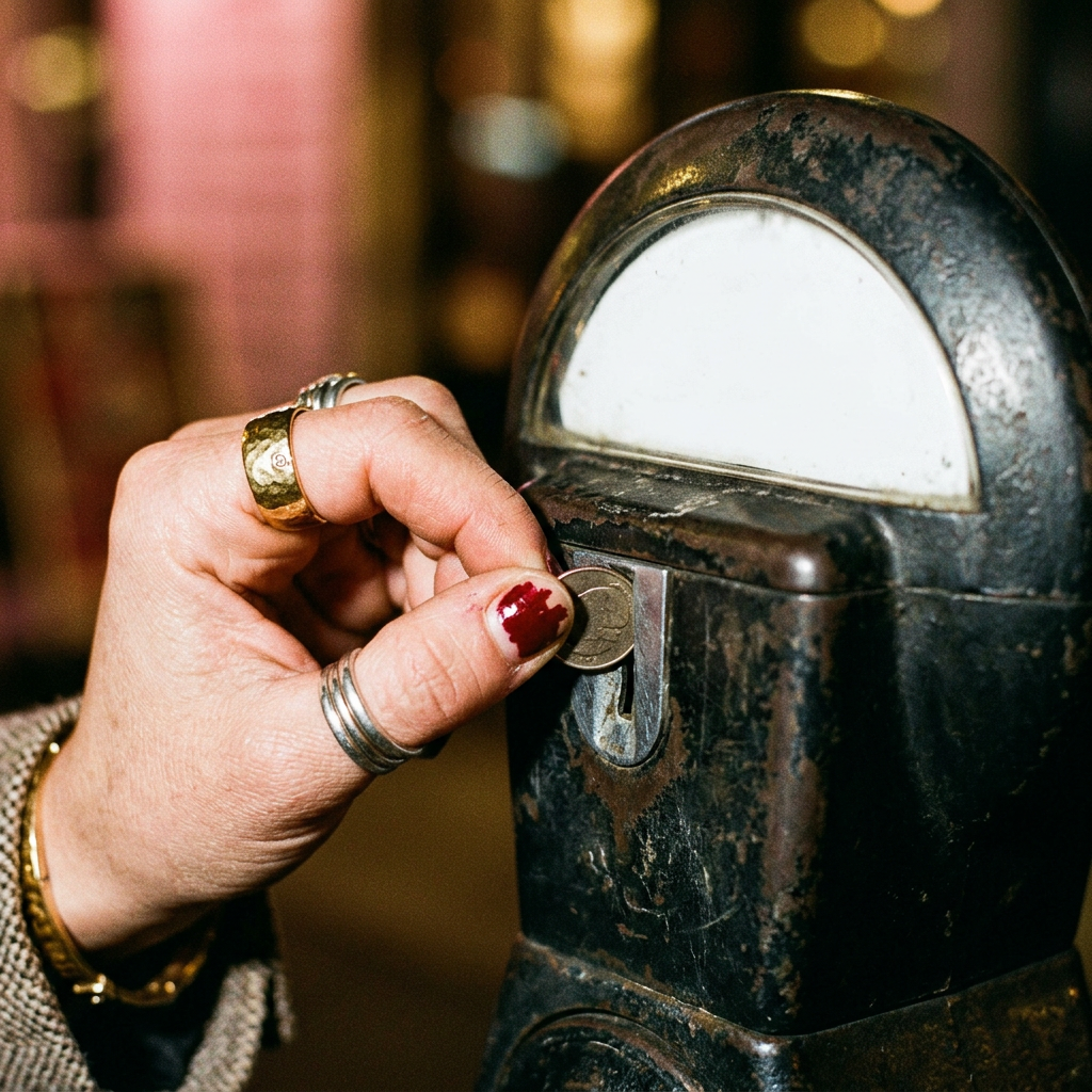 Hand with rings inserting a coin into the slot of a vintage parking meter