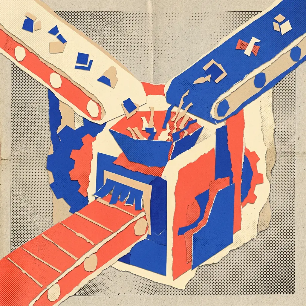 Abstract paper collage of conveyor belts feeding paper shapes into a red and blue processing machine