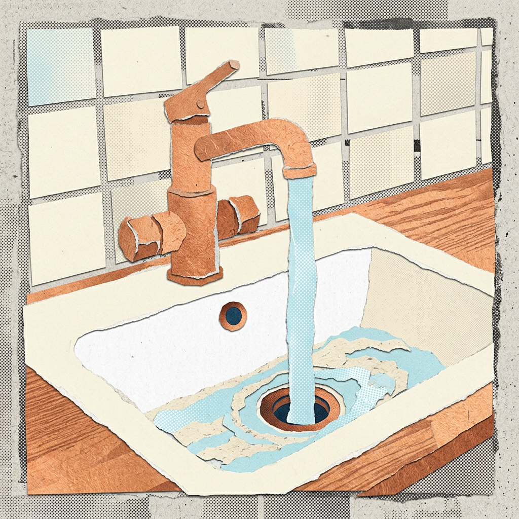 Paper collage illustration of a bronze faucet pouring water directly into a sink drain
