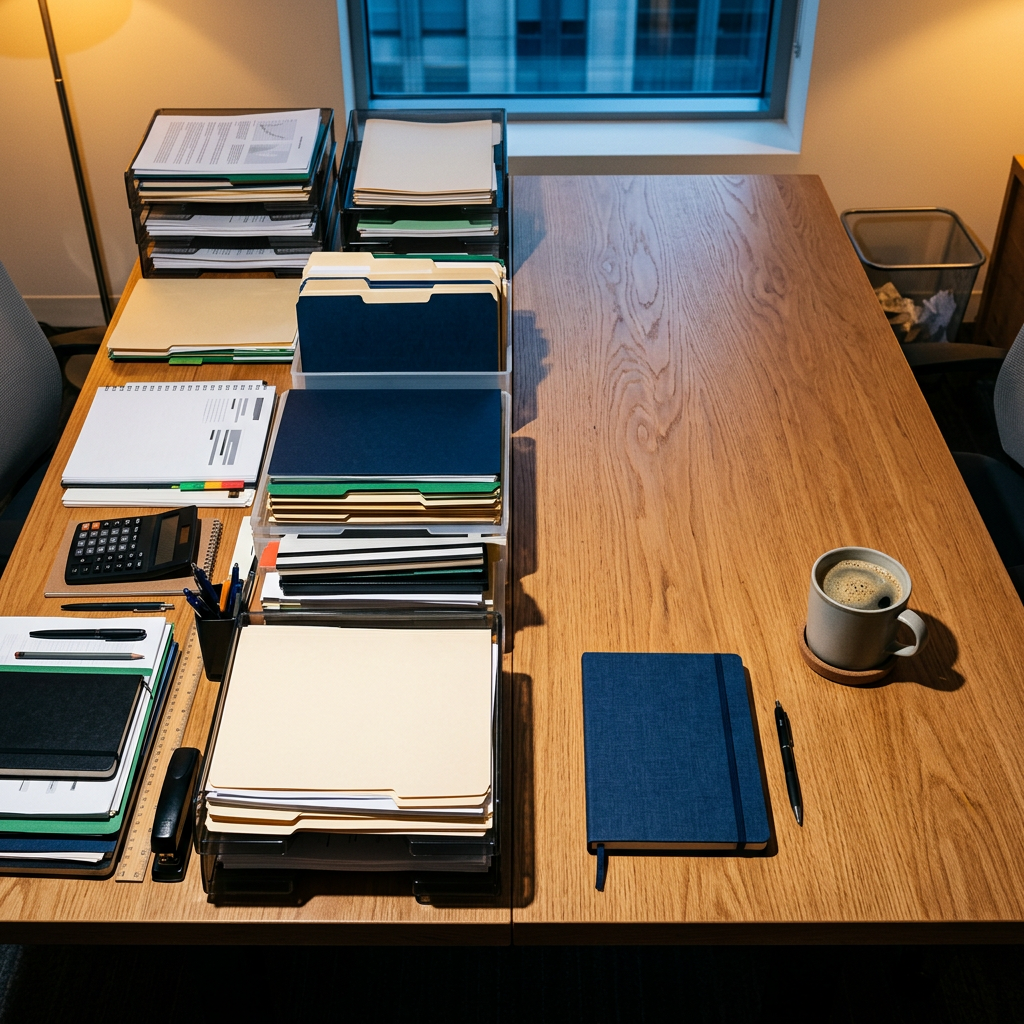 A wooden desk split between stacked file folders on the left and a blue notebook with coffee