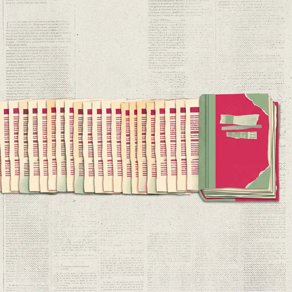 A row of printed document pages leading to a red notebook against a newsprint background