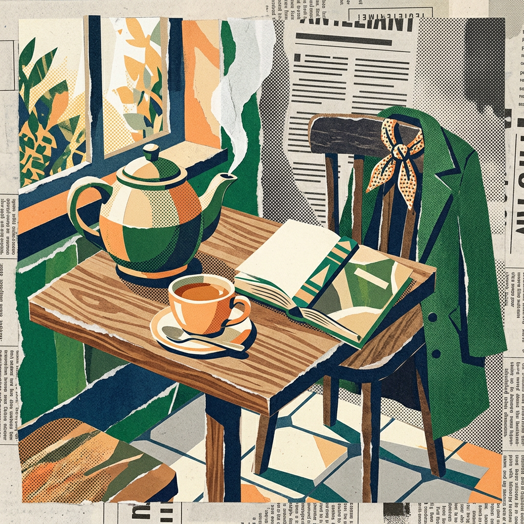 Illustration of a teapot, teacup, and open book on a wooden table beside a green jacket
