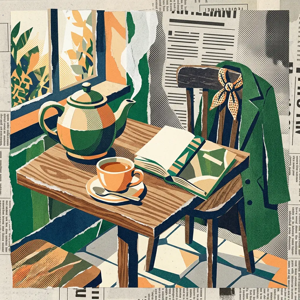Illustration of a teapot, teacup, and open book on a wooden table beside a green jacket