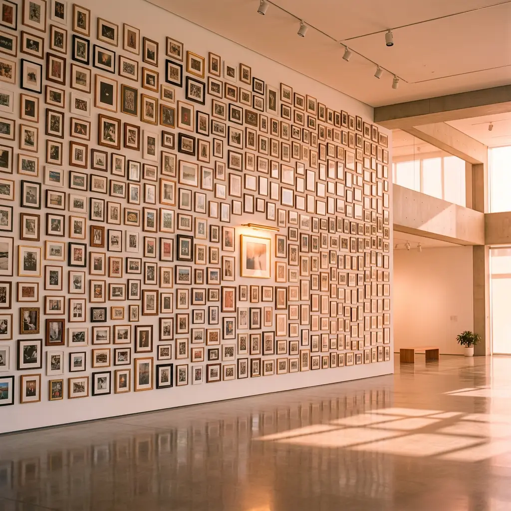 Hundreds of small framed photos cover a large gallery wall reflecting on a polished floor