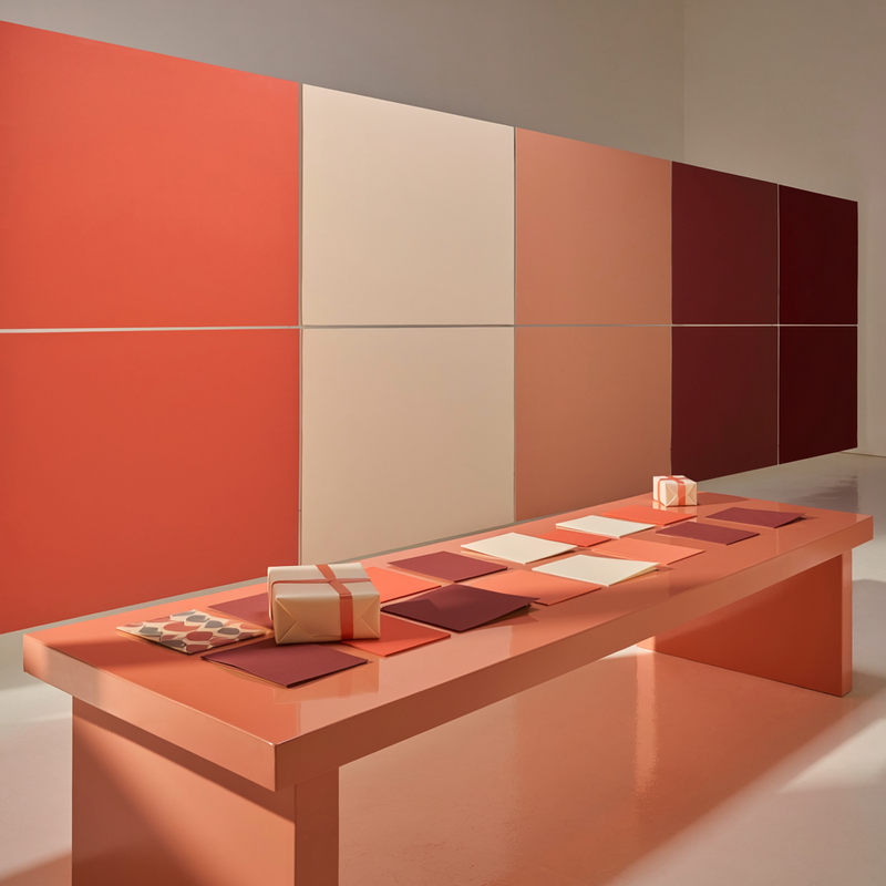 Wrapped gift boxes and paper cards laid out on a peach table against a colorful paneled wall