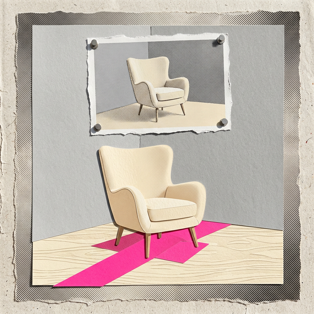 Cream armchair on a bright pink strip below a pinned photo of the same chair