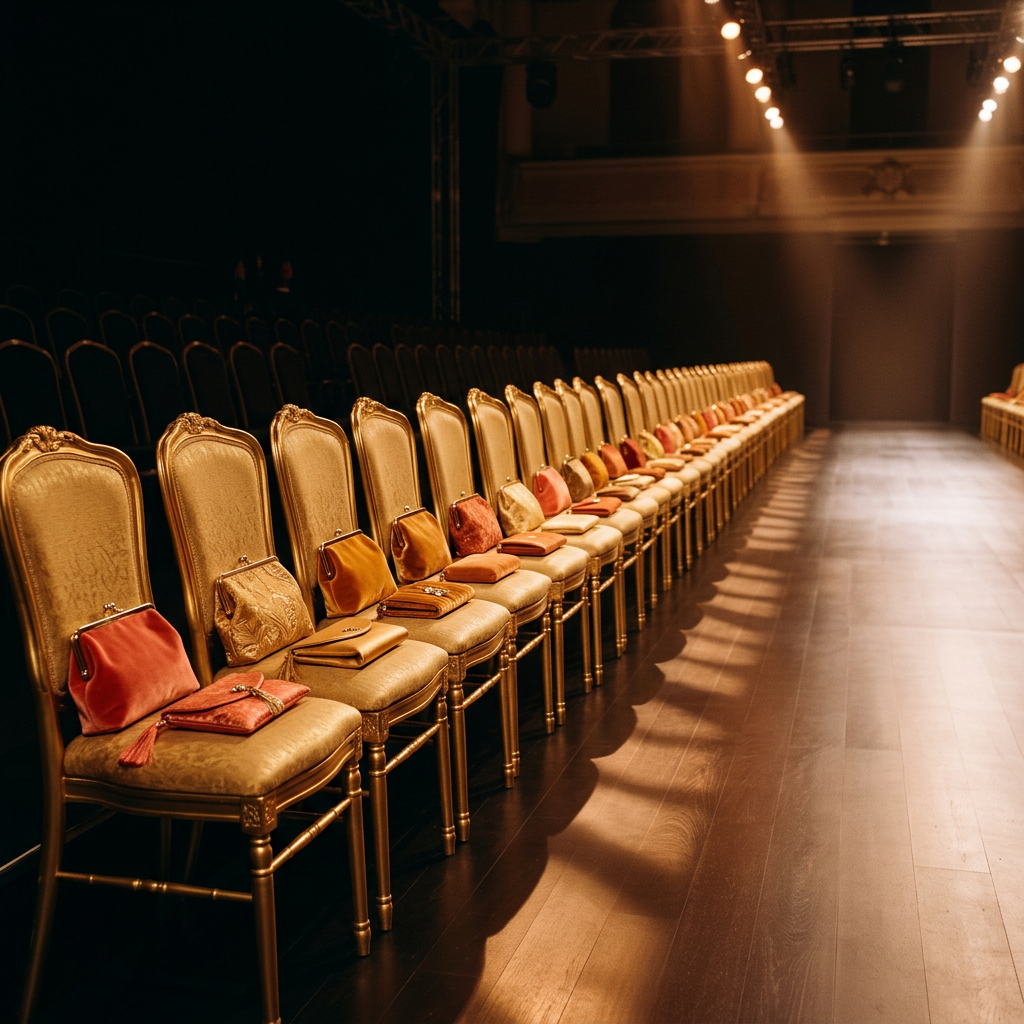 Ornate gold chairs with velvet handbags line a fashion show runway under warm spotlight beams