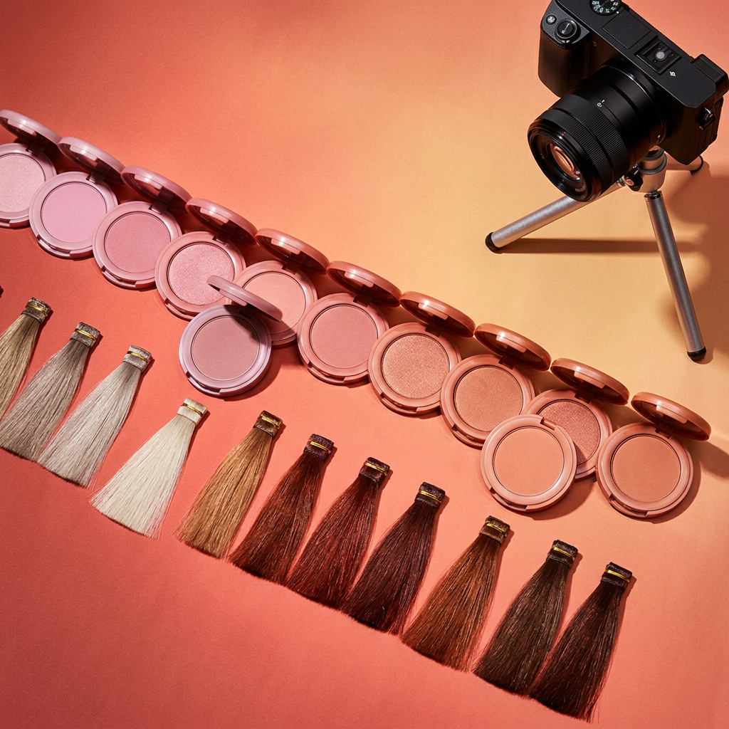A camera on a tripod points at rows of blush compacts and hair swatches