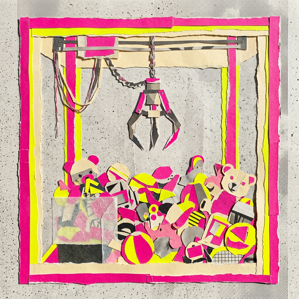Colorful paper collage depicting a claw machine filled with pink and yellow prizes