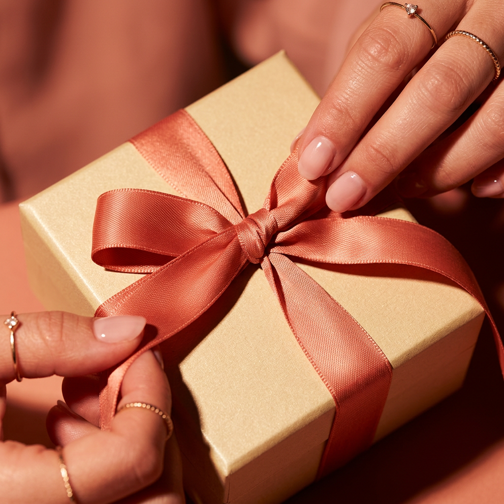 Manicured hands wearing gold rings tie a peach satin ribbon around a beige gift box