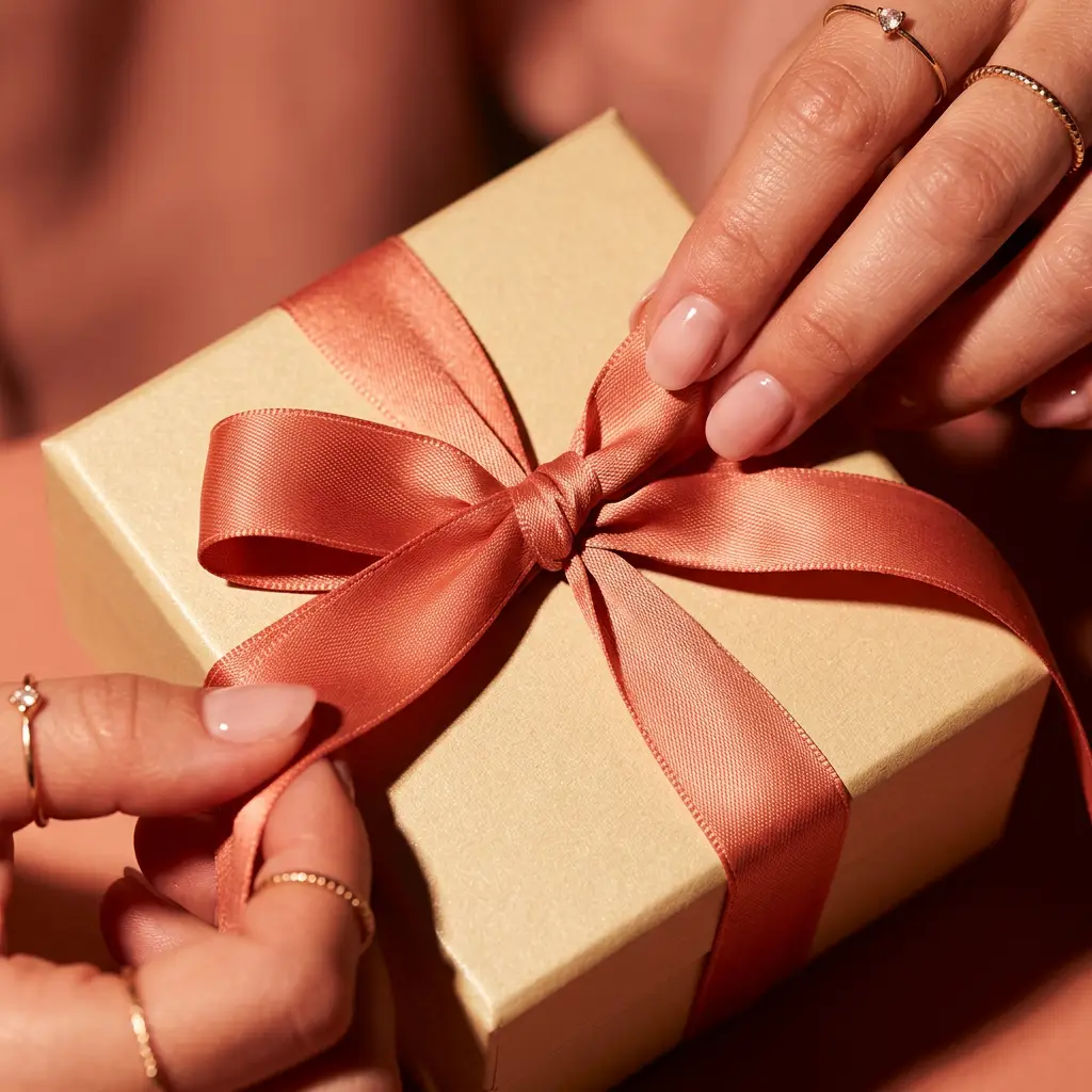 Manicured hands wearing gold rings tie a peach satin ribbon around a beige gift box