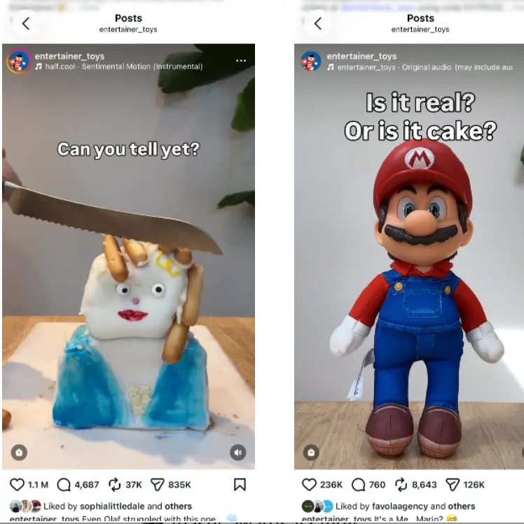 Two social media posts showing a knife slicing a cake alongside a Mario plush toy
