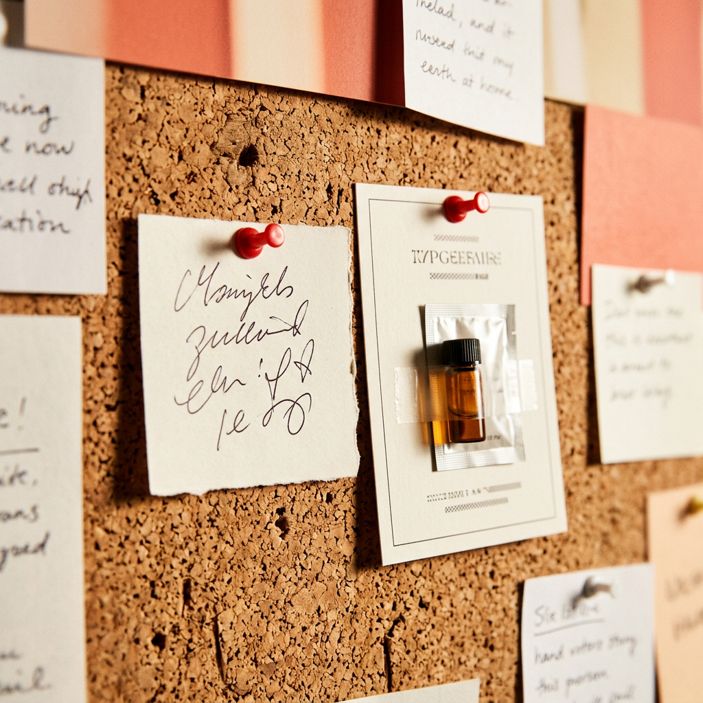 Corkboard with pinned handwritten notes and a small glass bottle taped to a card