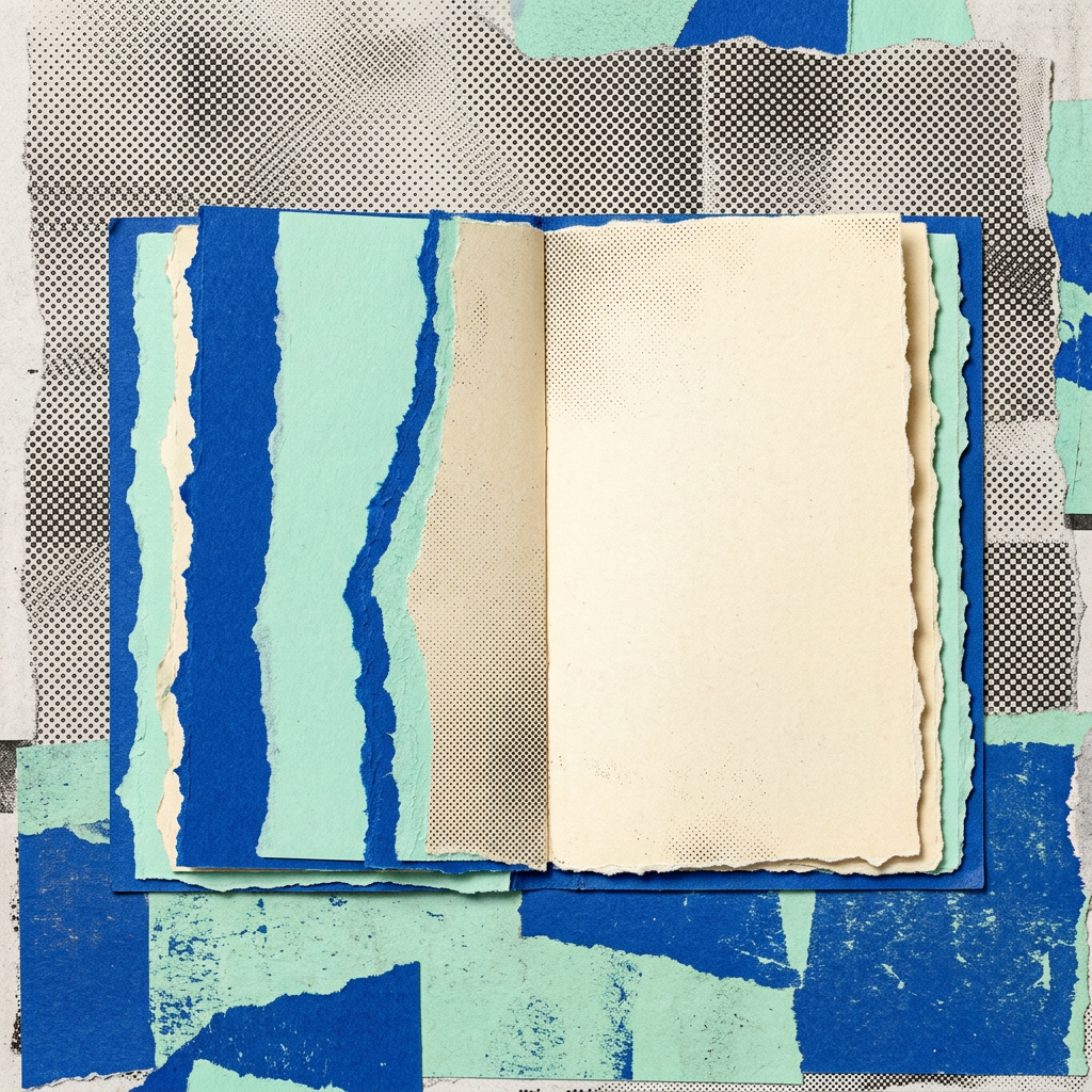 Open notebook with layered torn blue, teal, and beige paper pages on a halftone background