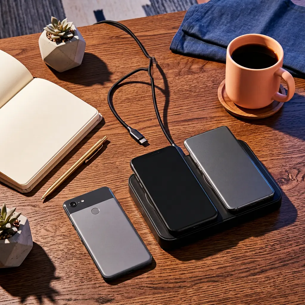 Three smartphones rest on a wooden desk alongside an open notebook, pen, and coffee mug