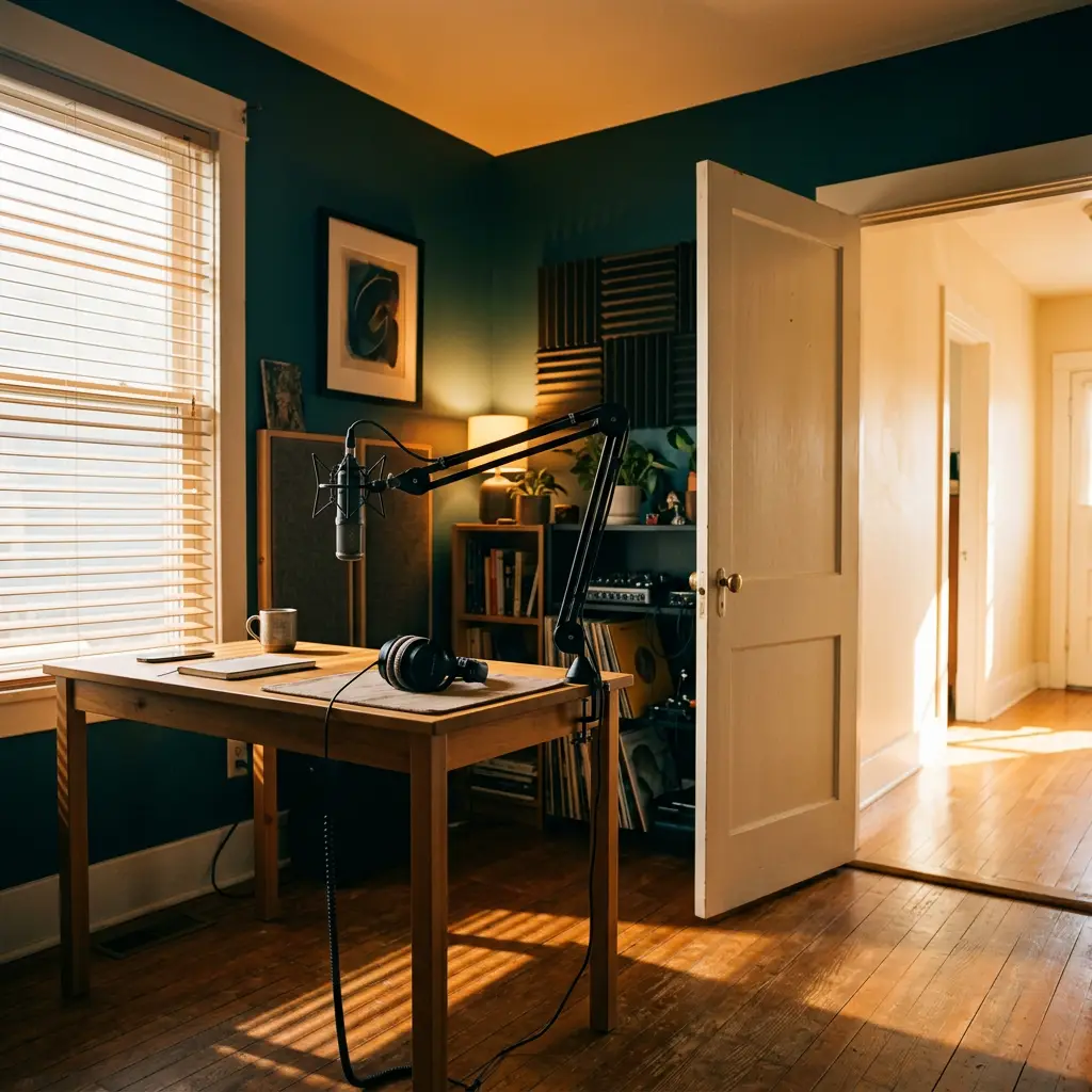 Podcast microphone on a boom arm and headphones on a desk in a home studio setup