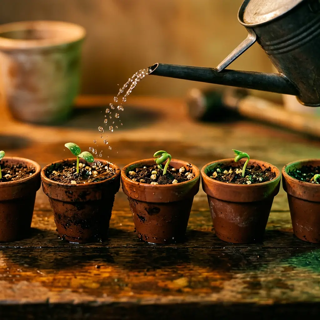 Water pouring from a metal watering can onto tiny green seedlings in small terracotta pots