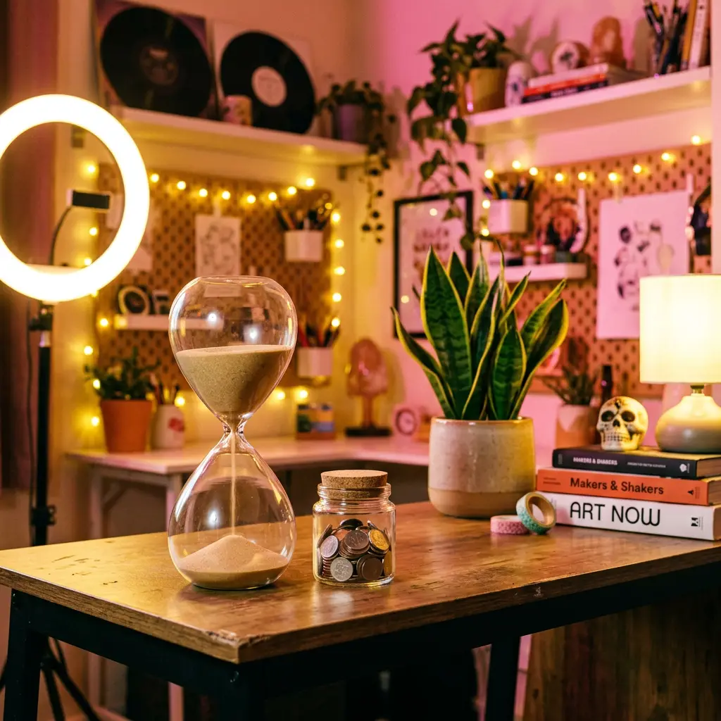 An hourglass with flowing sand and a jar of coins sit on a wooden studio desk