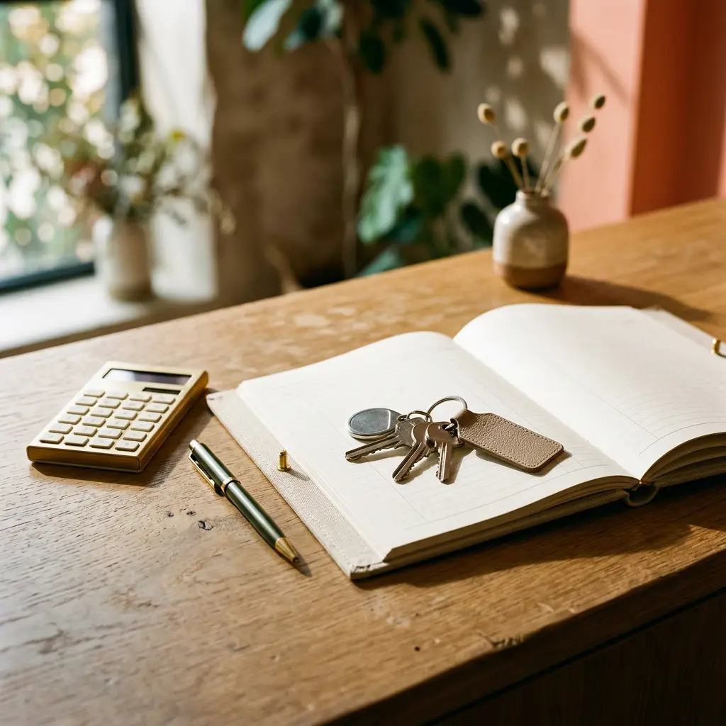 Keys on an open notebook beside a pen and gold calculator on a wooden desk