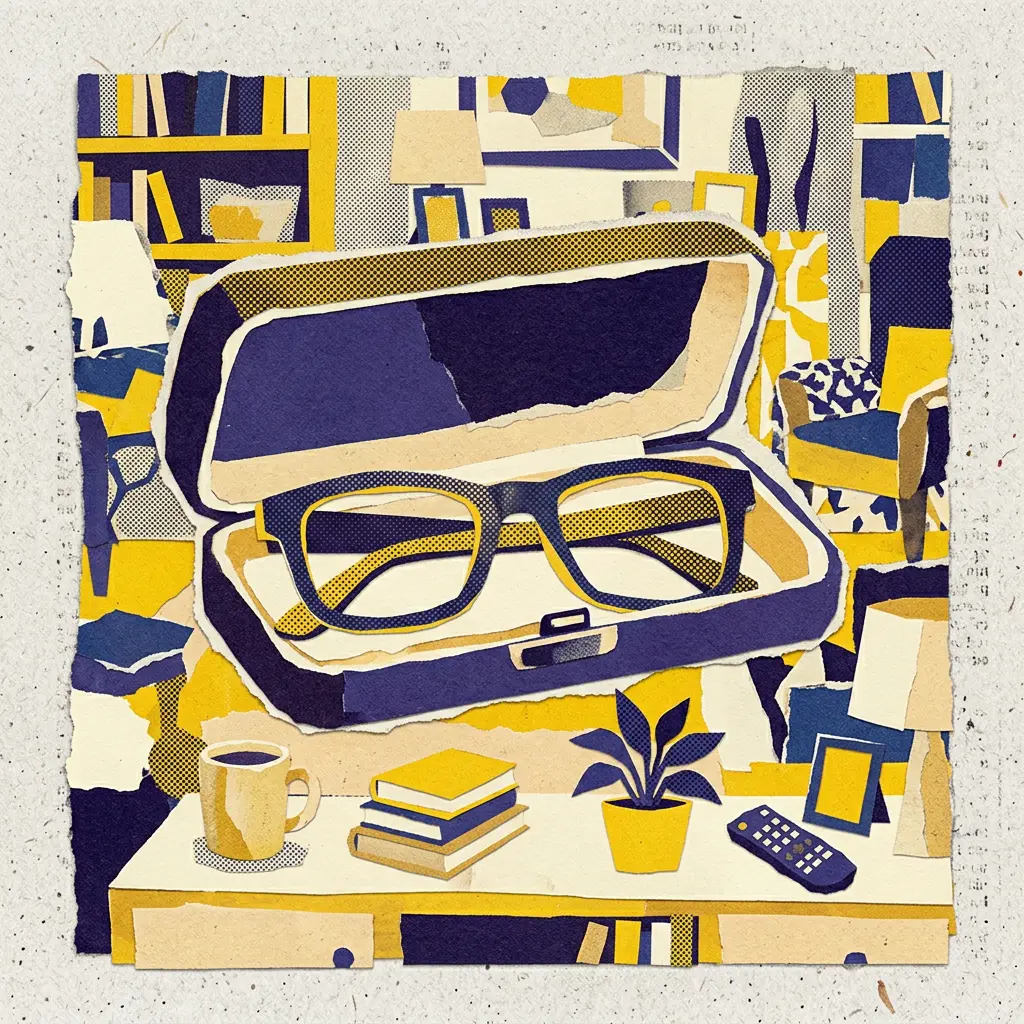 Paper collage of an open case with blue and yellow glasses on a desk with books