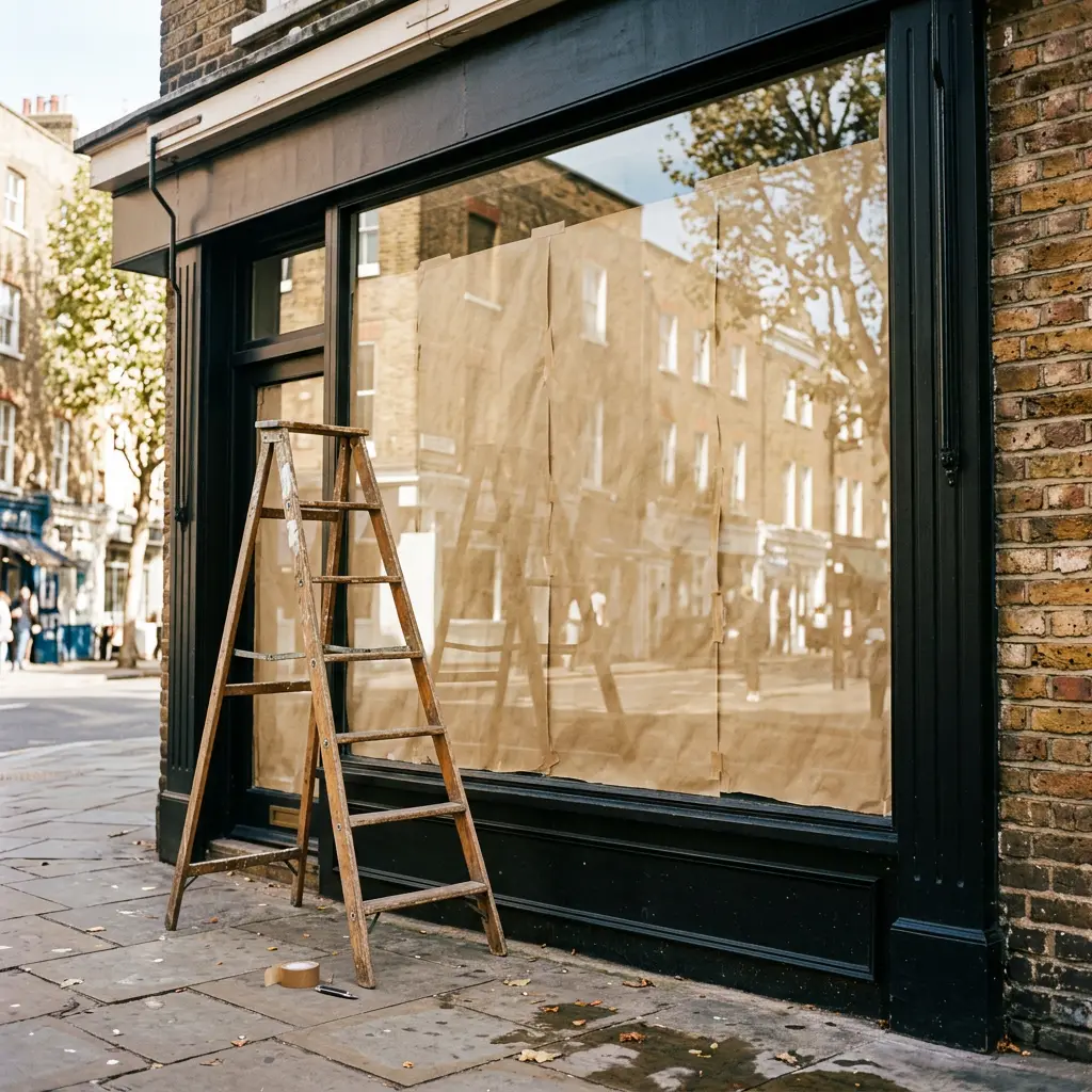 Wooden stepladder on a sidewalk outside a black storefront with brown paper covering the window