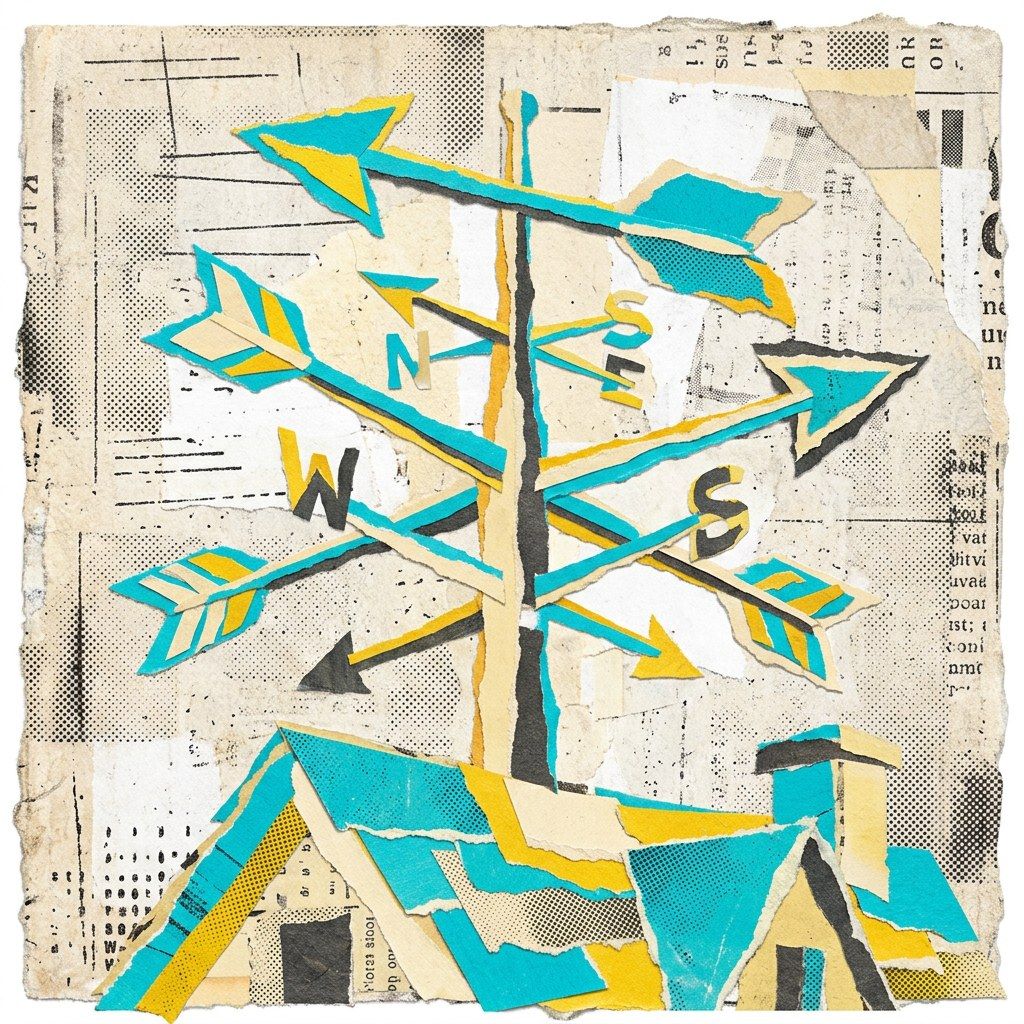 Paper collage of a rooftop weathervane with arrows pointing in every direction, illustrating contradictory social media advice
