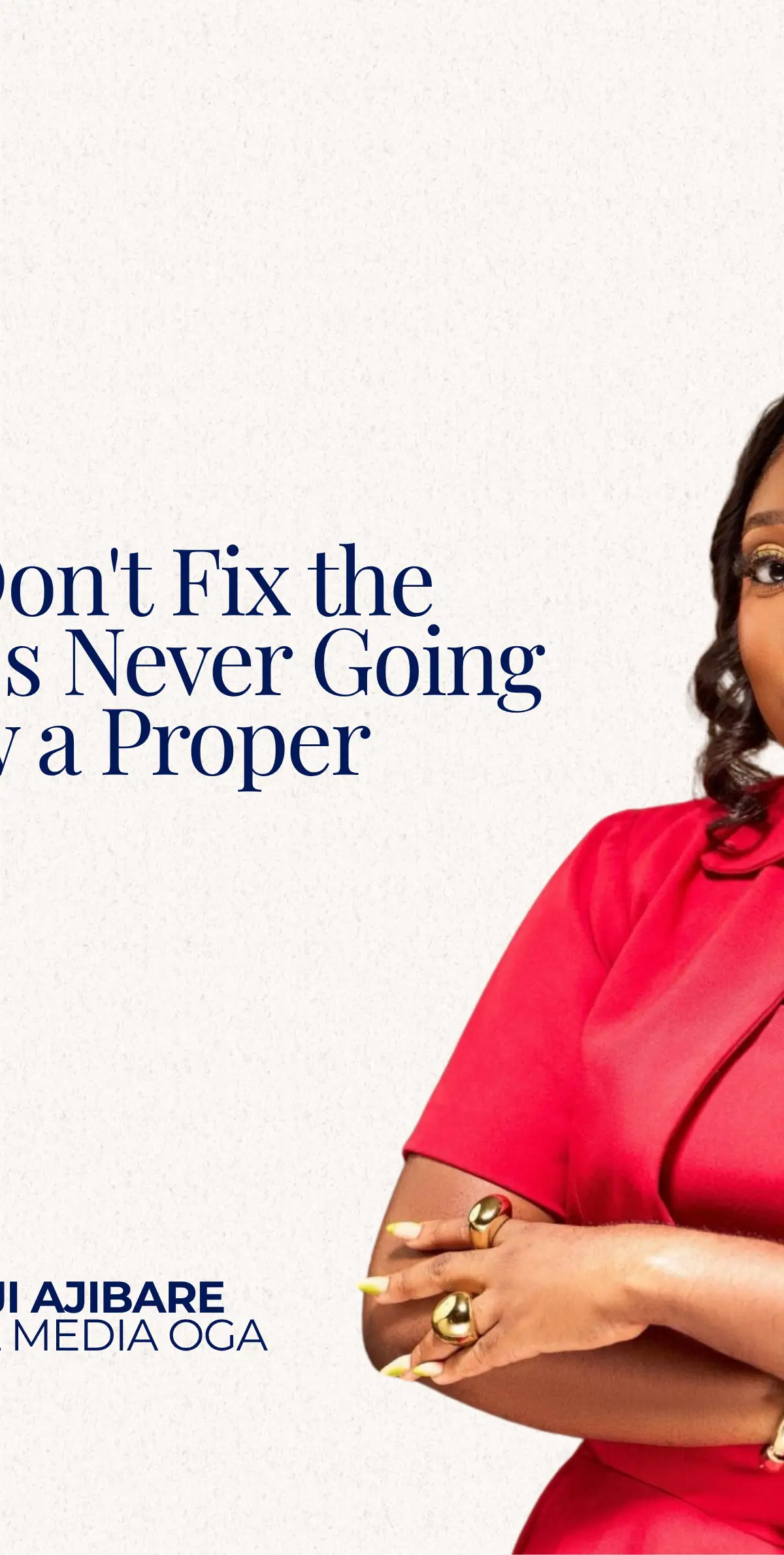 Omobolaji Ajibare wearing a red outfit with arms crossed beside quote text on a white background