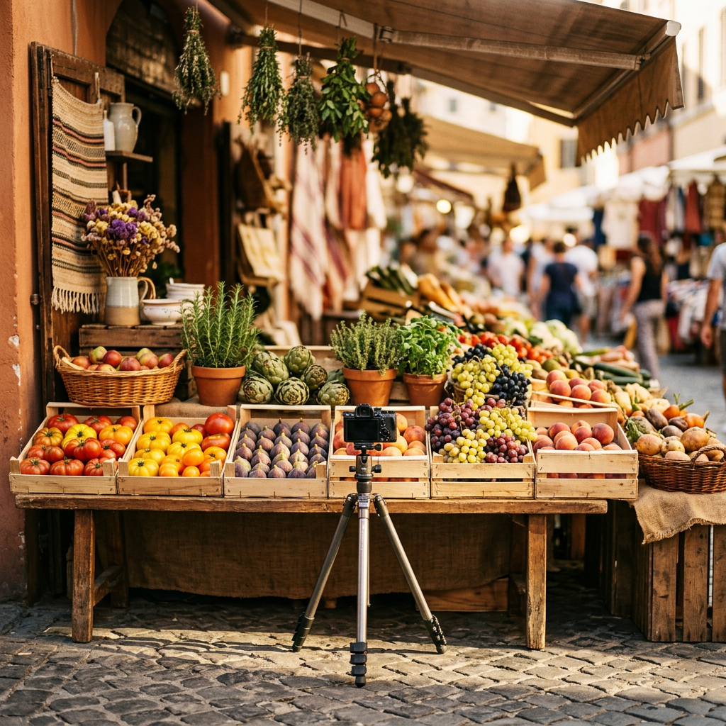 A camera on a tripod points at an outdoor market stall displaying fresh fruit and vegetables