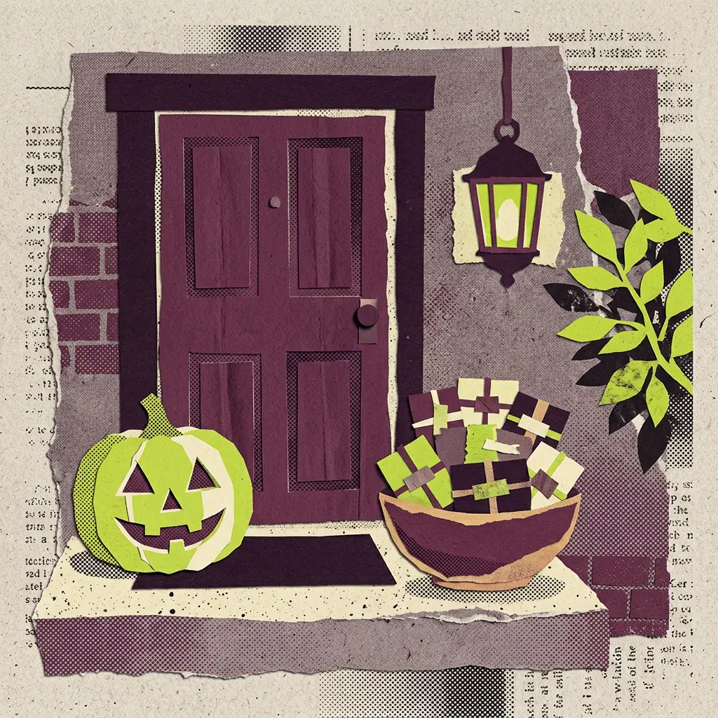 Paper cutout illustration of a purple front door with a green pumpkin and a bowl of gifts