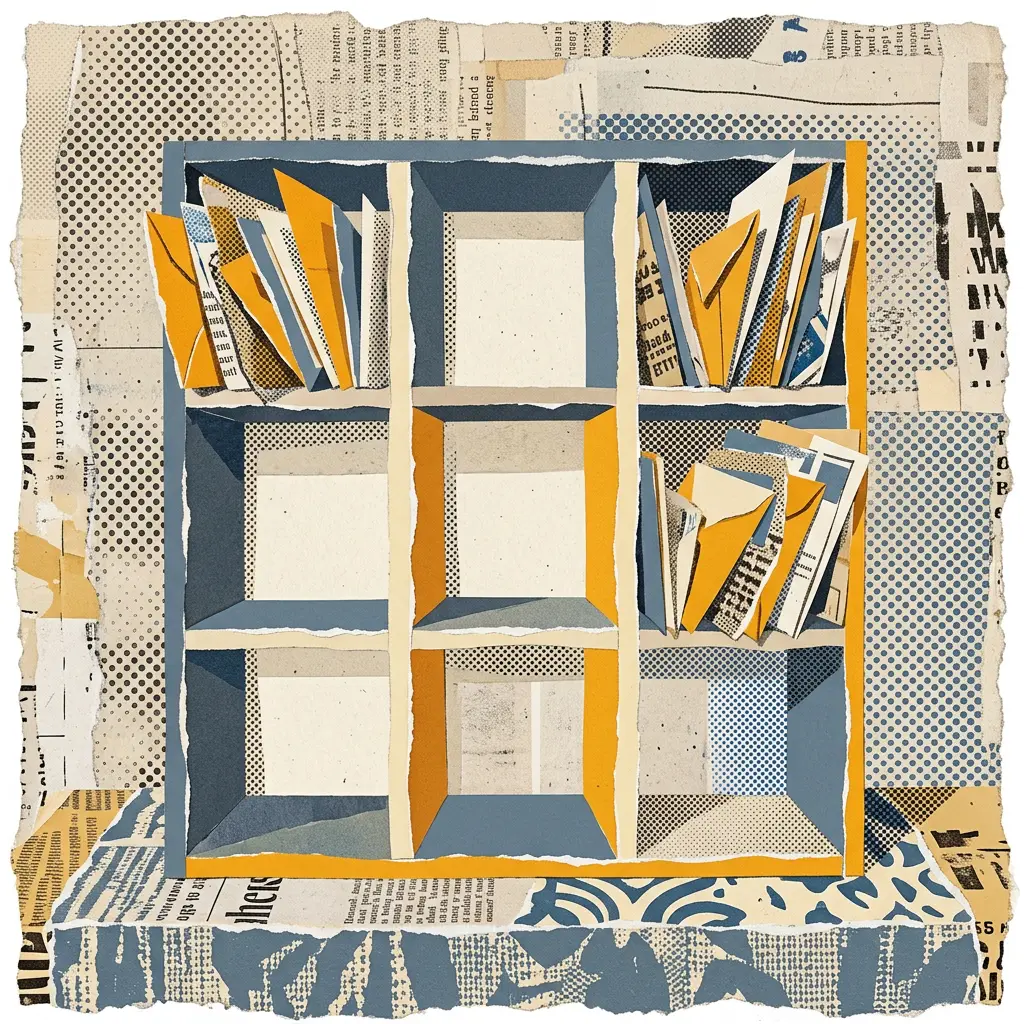 Paper collage of a blue mail sorter with yellow envelopes on newspaper background