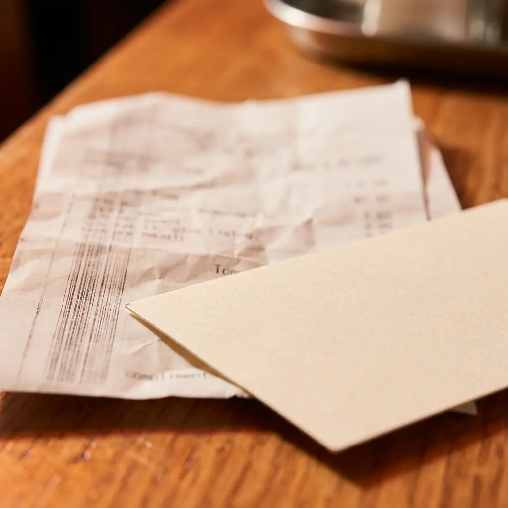 Blank beige card resting on a printed paper receipt on a wooden tabletop
