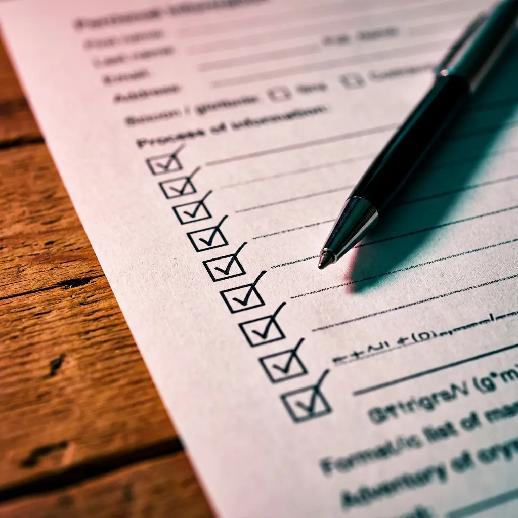 A pen rests on a printed document with a long column of checked boxes