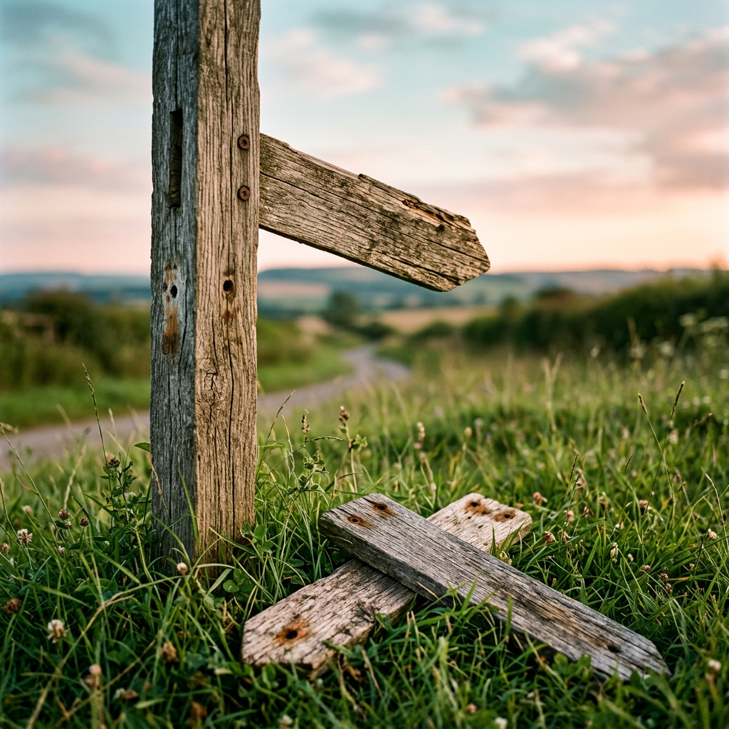 Wooden signpost with one arrow pointing right and two fallen wooden signs lying in the grass