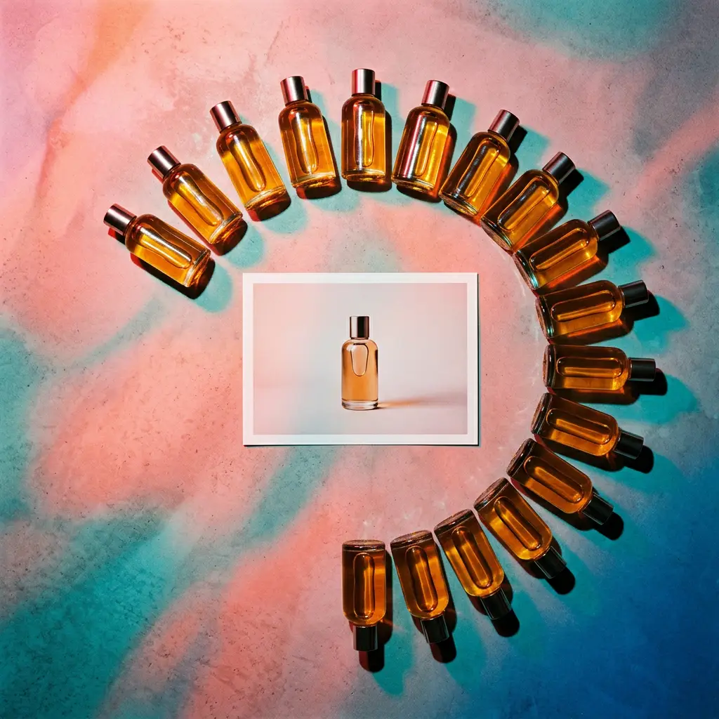 Glass perfume bottles arranged in a spiral around a central photo showing a single bottle