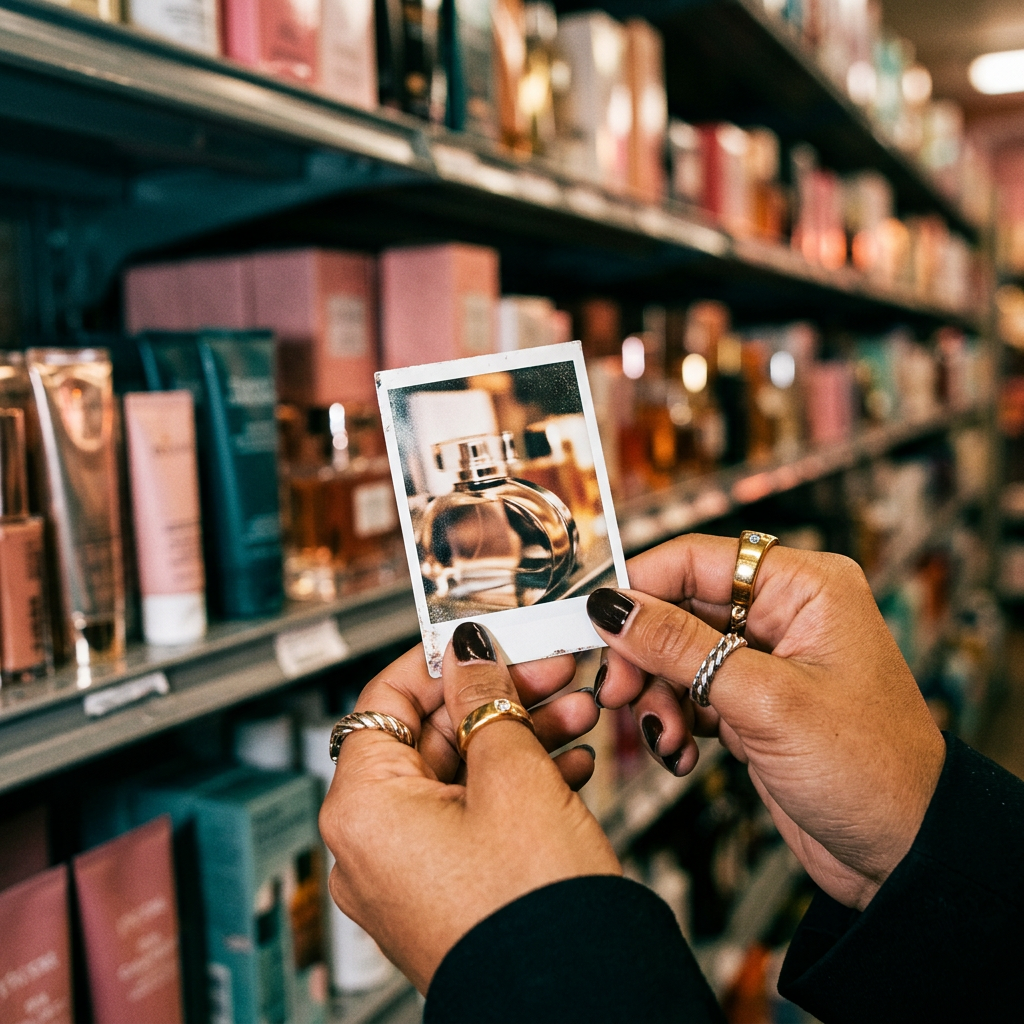 Hands holding an instant photo of a perfume bottle against shelves filled with cosmetics