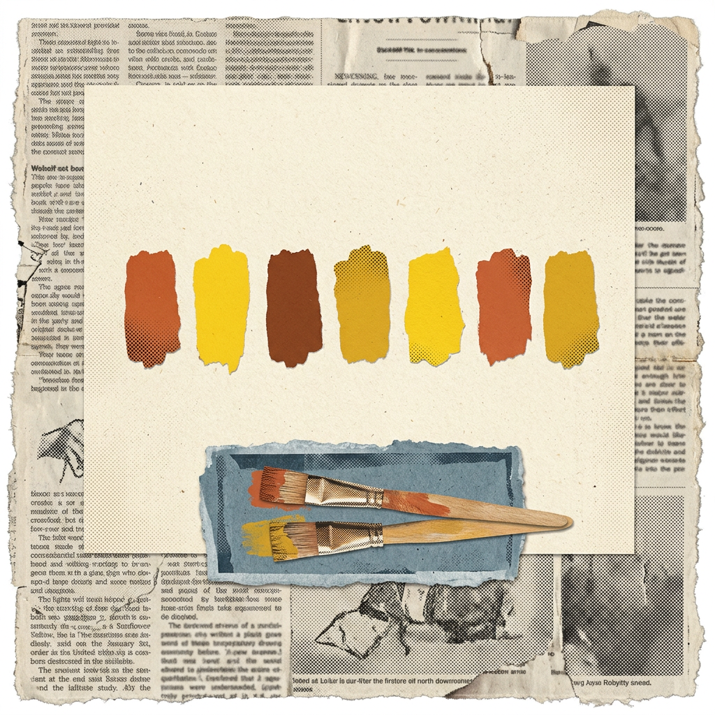 Seven paint swatches in yellow and orange above two paintbrushes on a collage of torn newspaper
