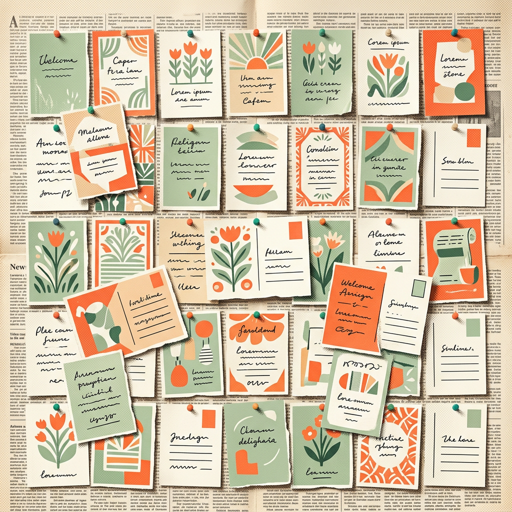 Colorful cards with floral illustrations and handwritten text pinned onto a newspaper background