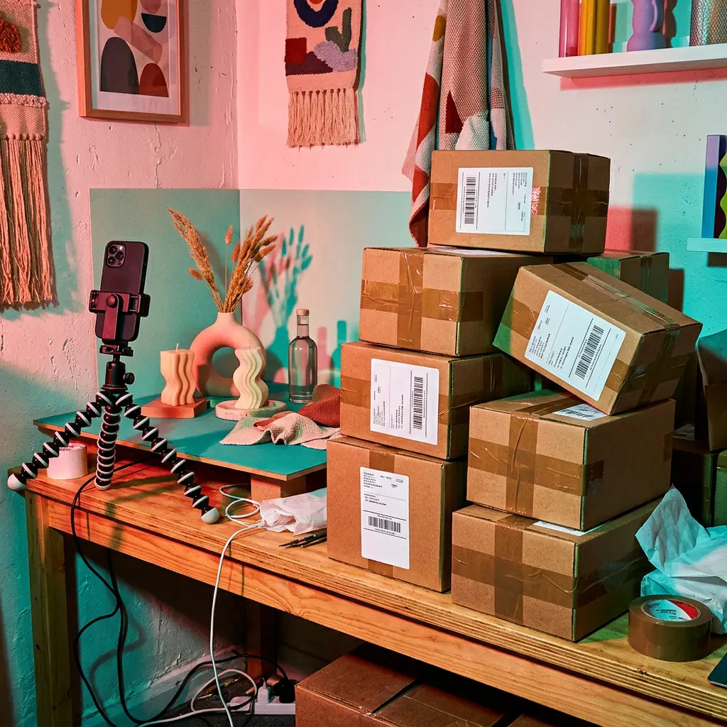 A smartphone mounted on a tripod stands beside stacked cardboard shipping boxes on a desk