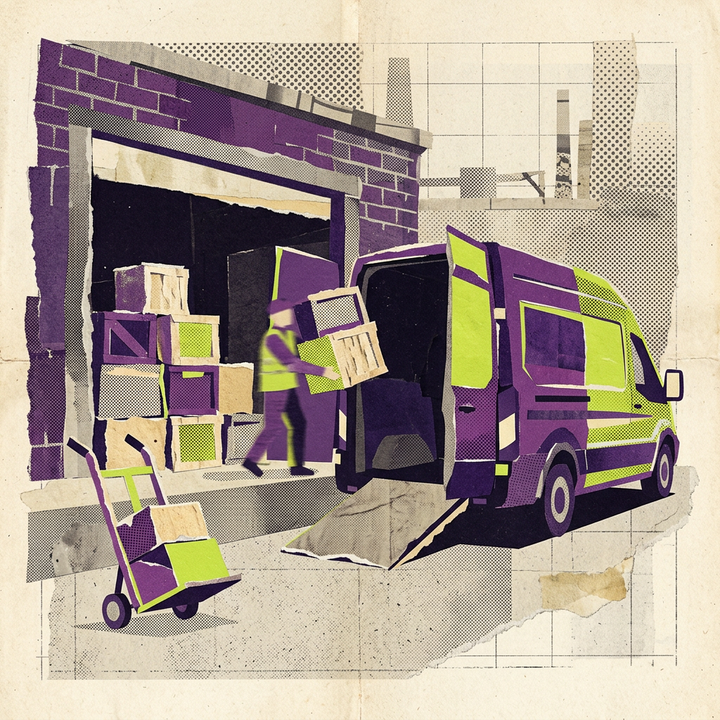 Collage illustration of a delivery worker loading wooden crates from a warehouse into a purple van