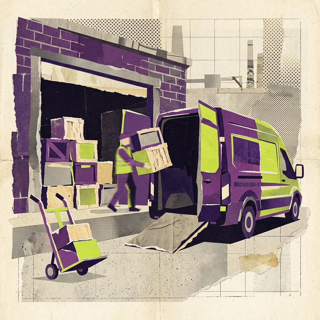 Collage illustration of a delivery worker loading wooden crates from a warehouse into a purple van