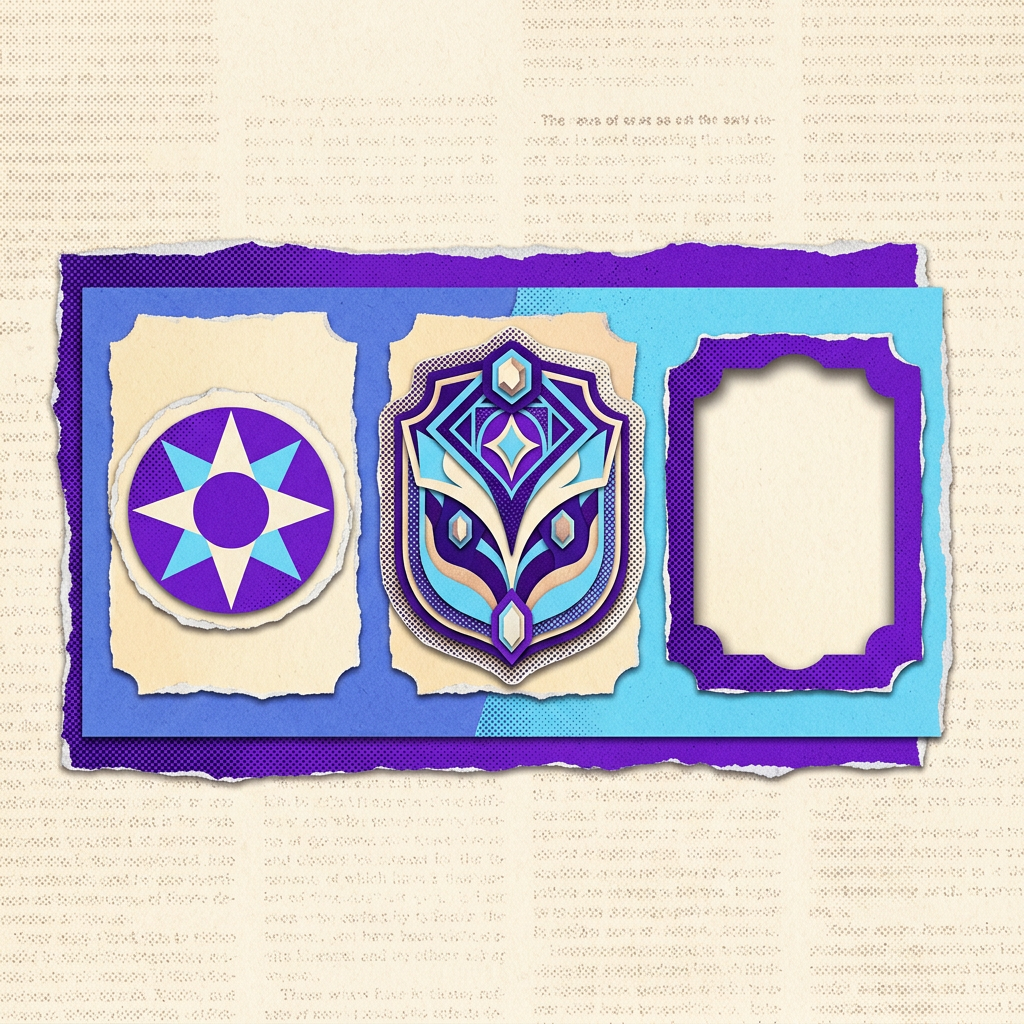 Three papercraft badge frames featuring purple and blue geometric emblem designs on torn paper