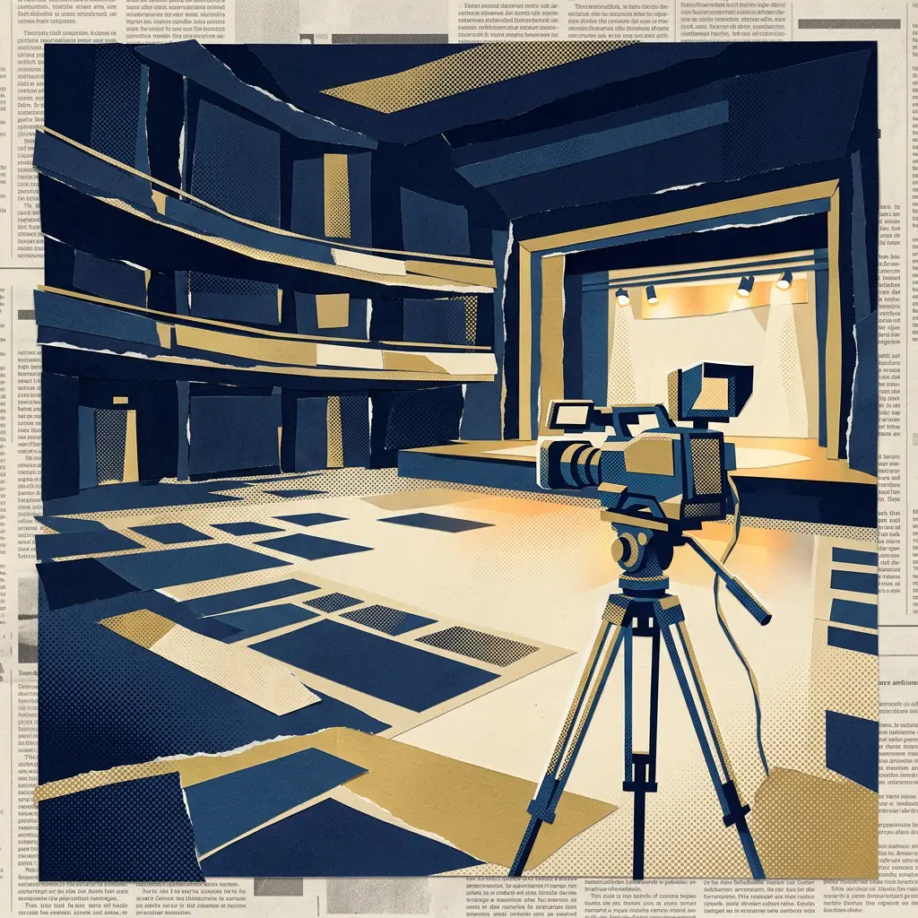 A broadcast video camera on a tripod stands before an empty illuminated theater stage