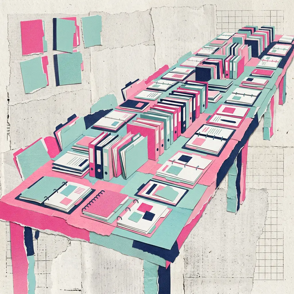 A long table packed with neatly aligned pink and teal folders, binders, and open notebooks