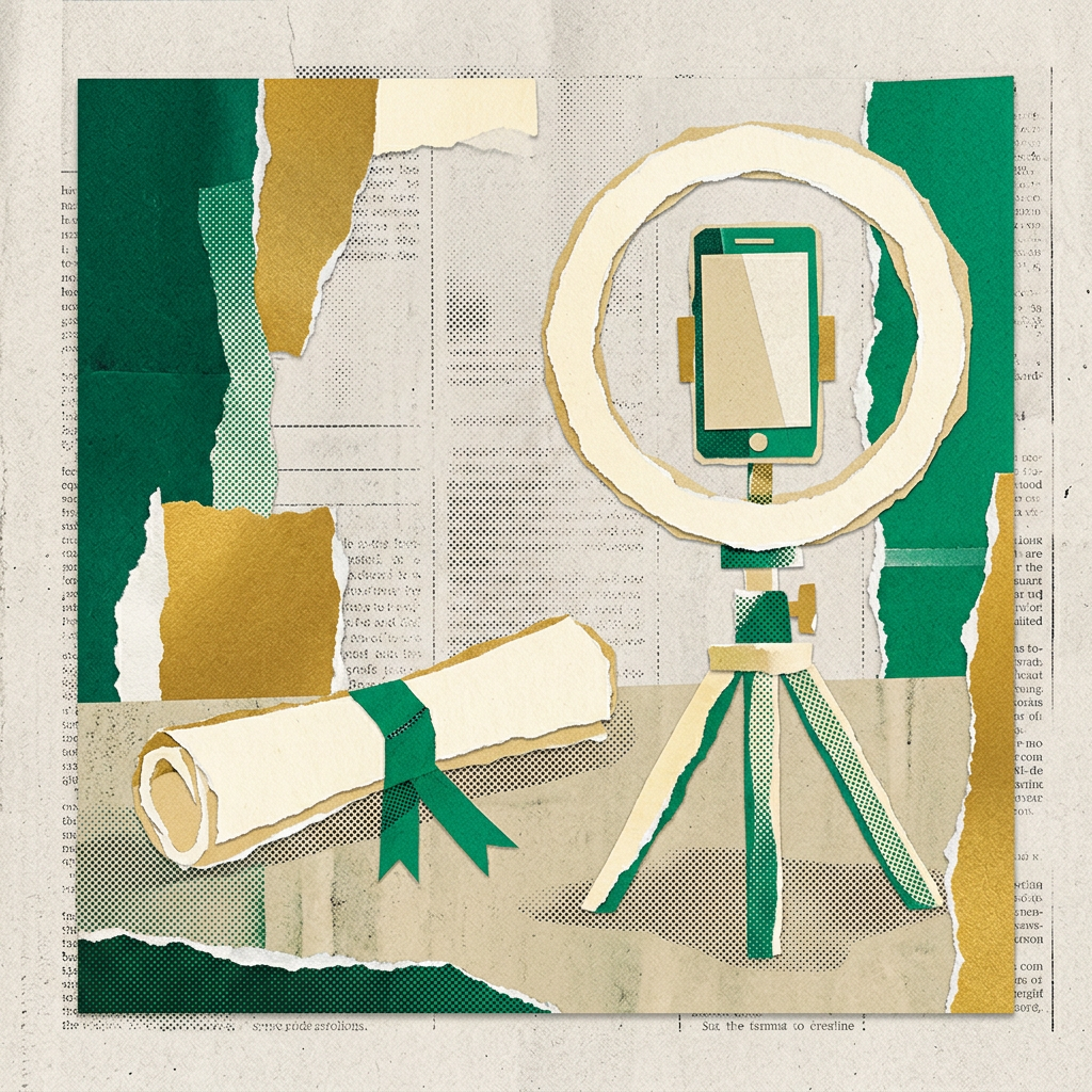 Paper cutout collage of a diploma scroll beside a smartphone mounted in a ring light tripod