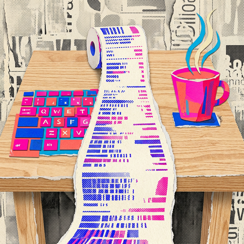 Long receipt unrolling down a wooden desk beside a colorful keyboard and a steaming mug