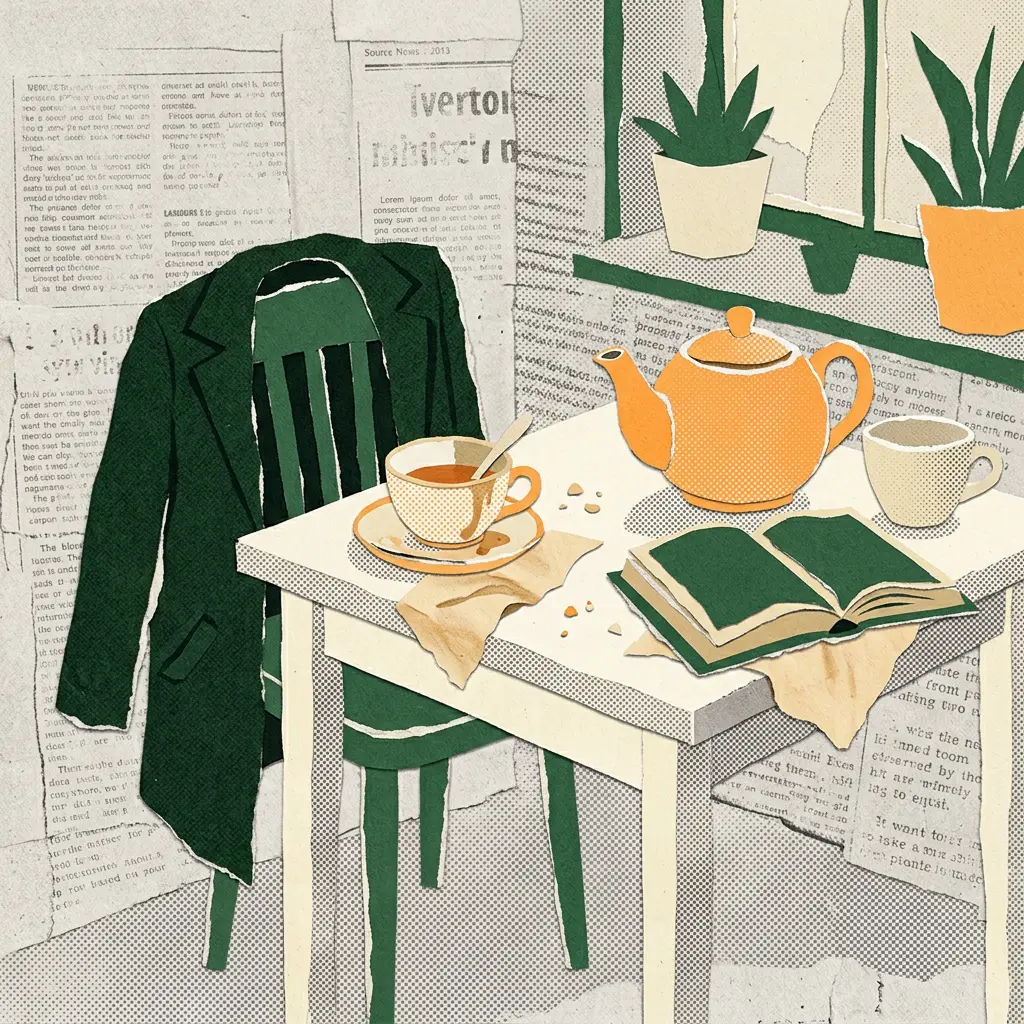 Paper collage of a green jacket draped over a chair beside a tea set and open book