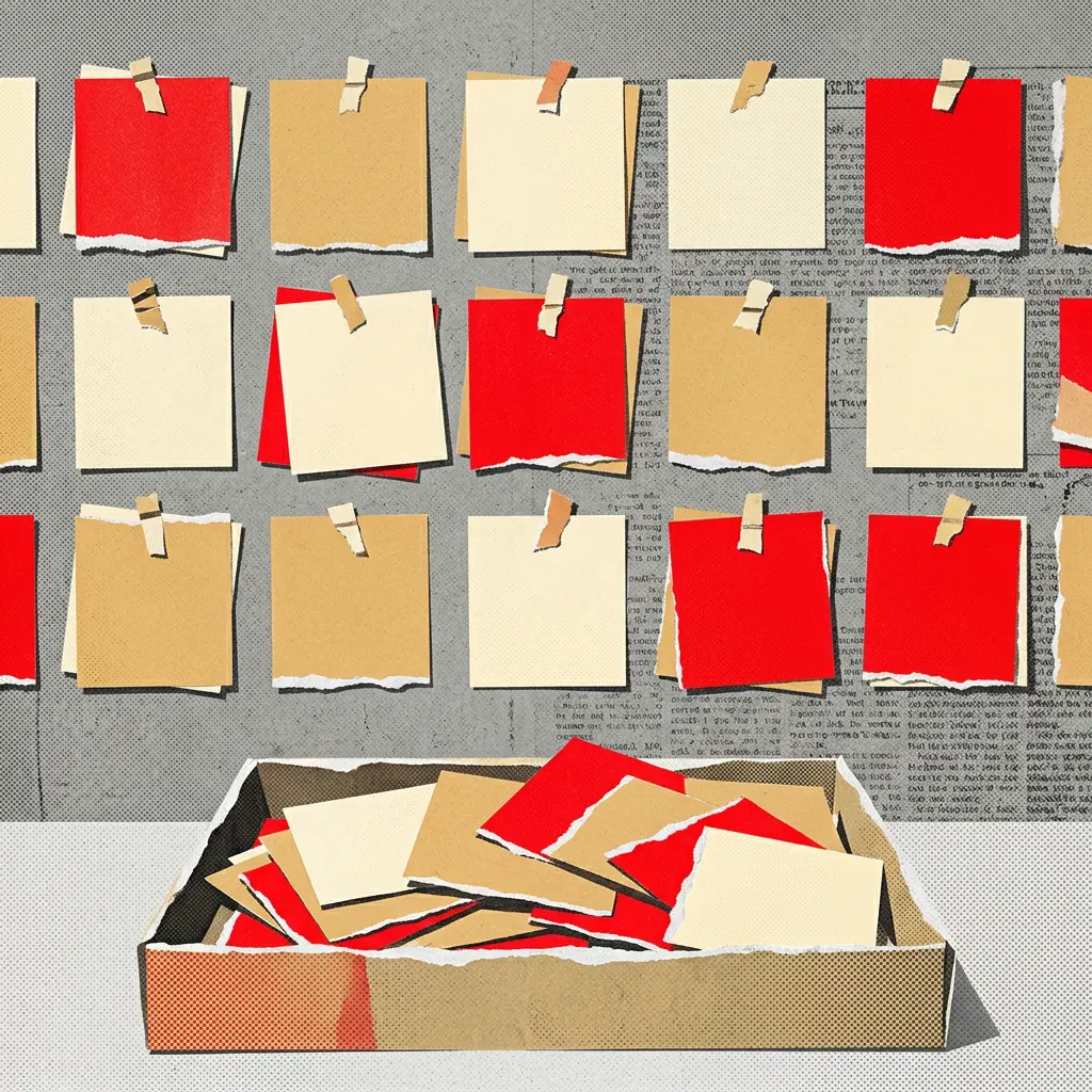 Blank red, tan, and cream paper squares taped to a wall above a cardboard box of papers