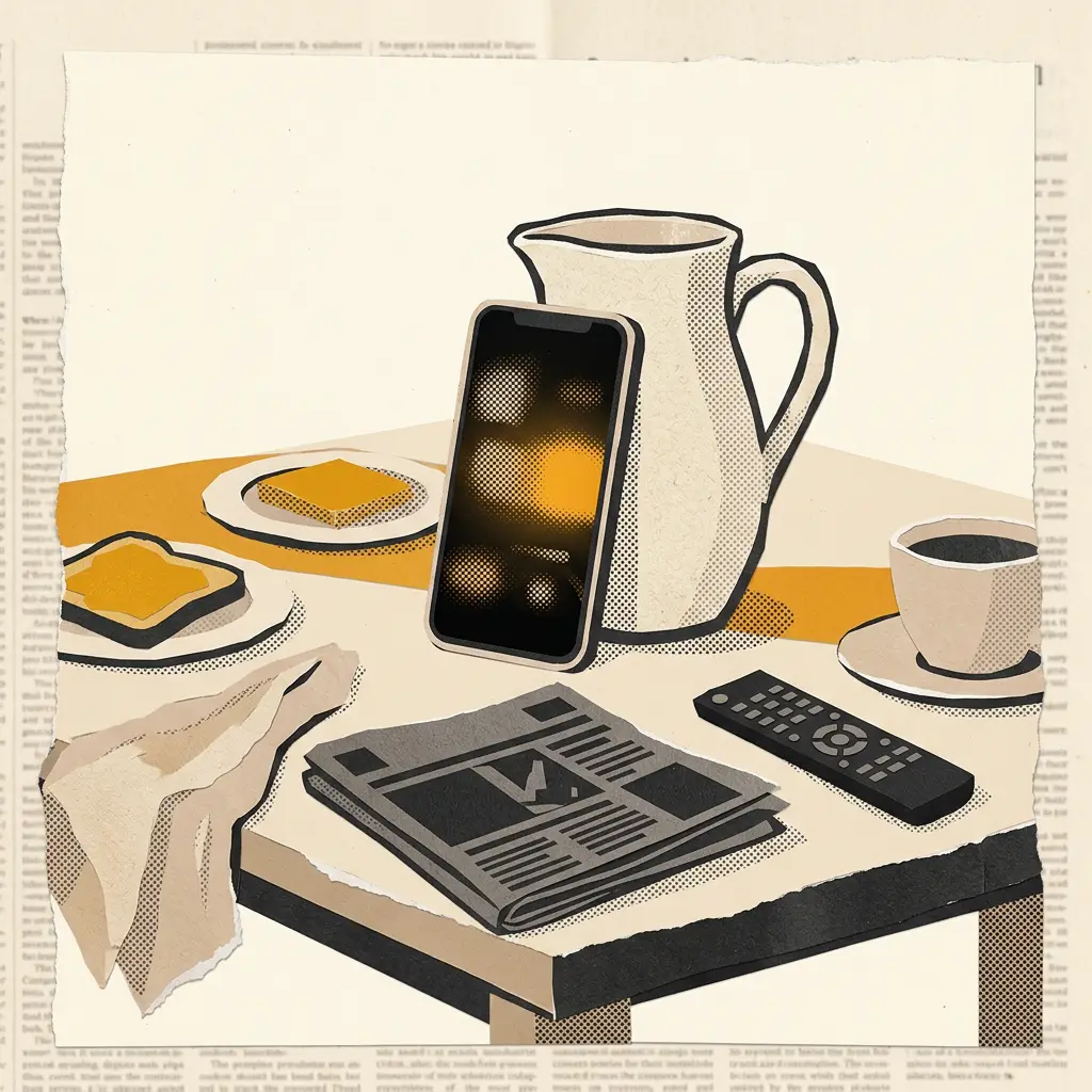 Graphic illustration of a smartphone, folded newspaper, TV remote, and coffee on a breakfast table