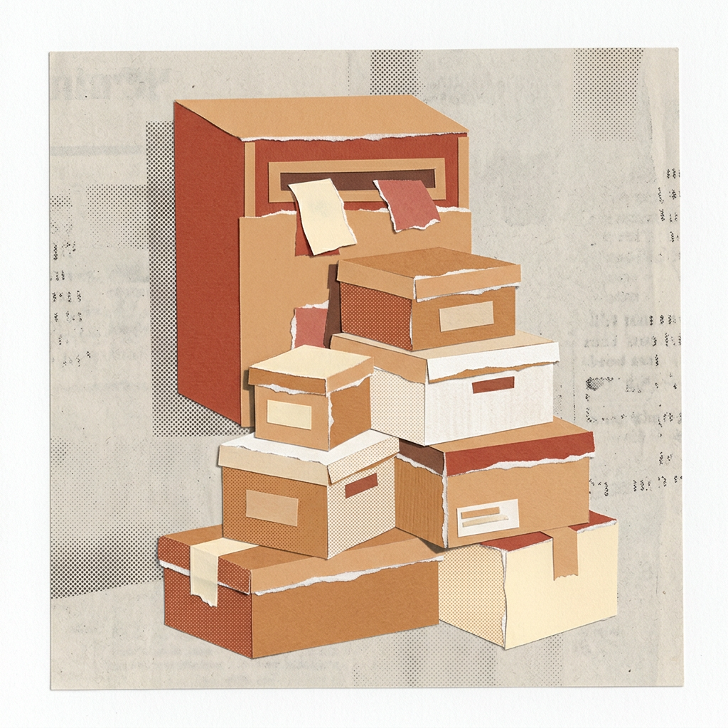 Paper craft collage of stacked cardboard boxes beside a large drop box on halftone background